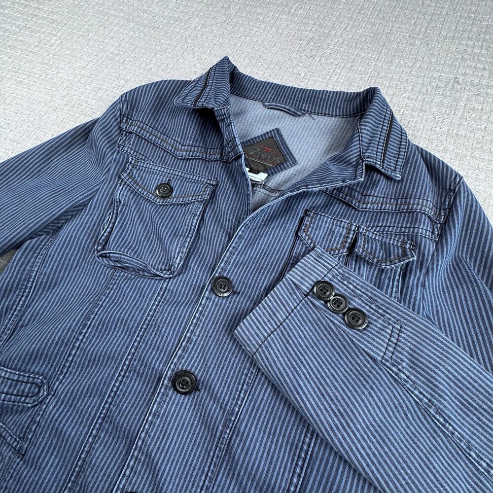Vintage Zeus Utility Shaket Men XL Stripe‎ Blue Barn Pockets Long Sleeve Button